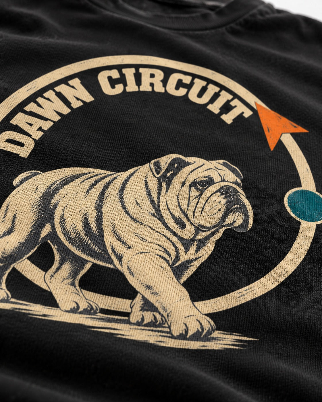 English Bulldog Dawn Circuit Emblem T-Shirt in Black, close-up of the graphic