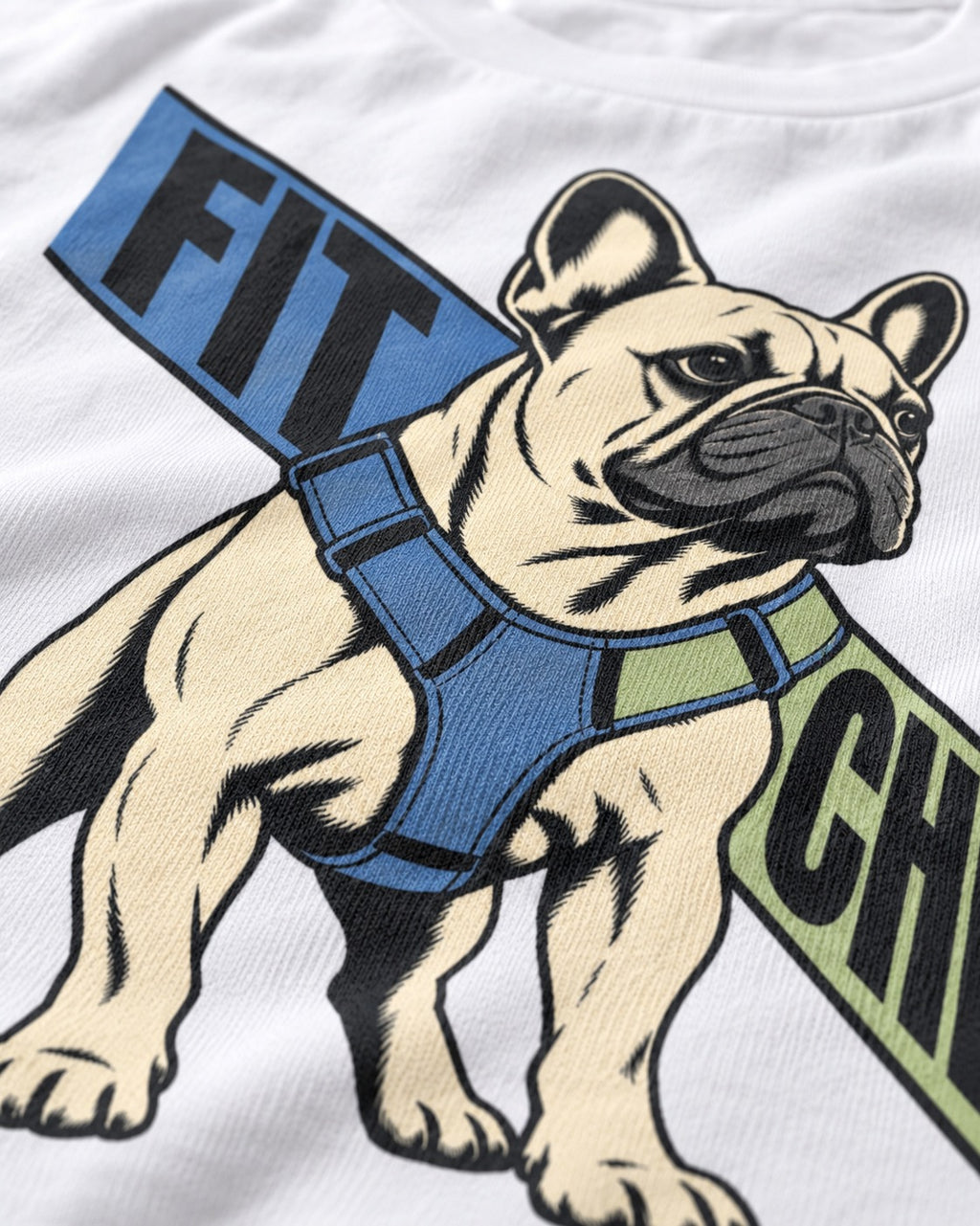 Frenchie Fit Check T-Shirt in White, close-up of the graphic
