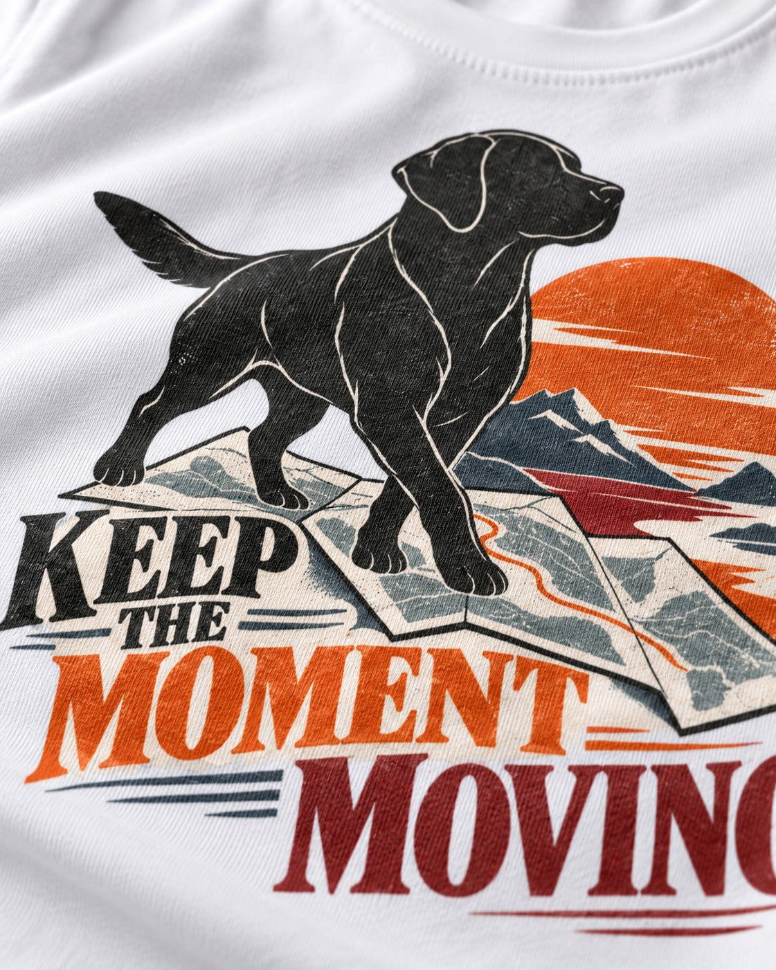 Keep the Moment Moving Labrador Retriever T-Shirt in White, close-up of the graphic
