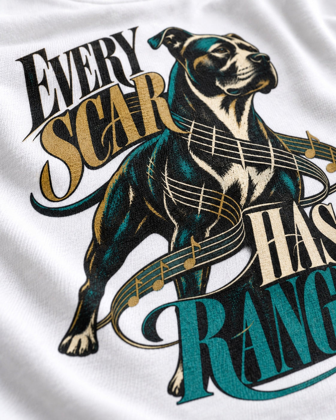 Every Pitbull Scar Has Range T-Shirt in White, close-up of the graphic