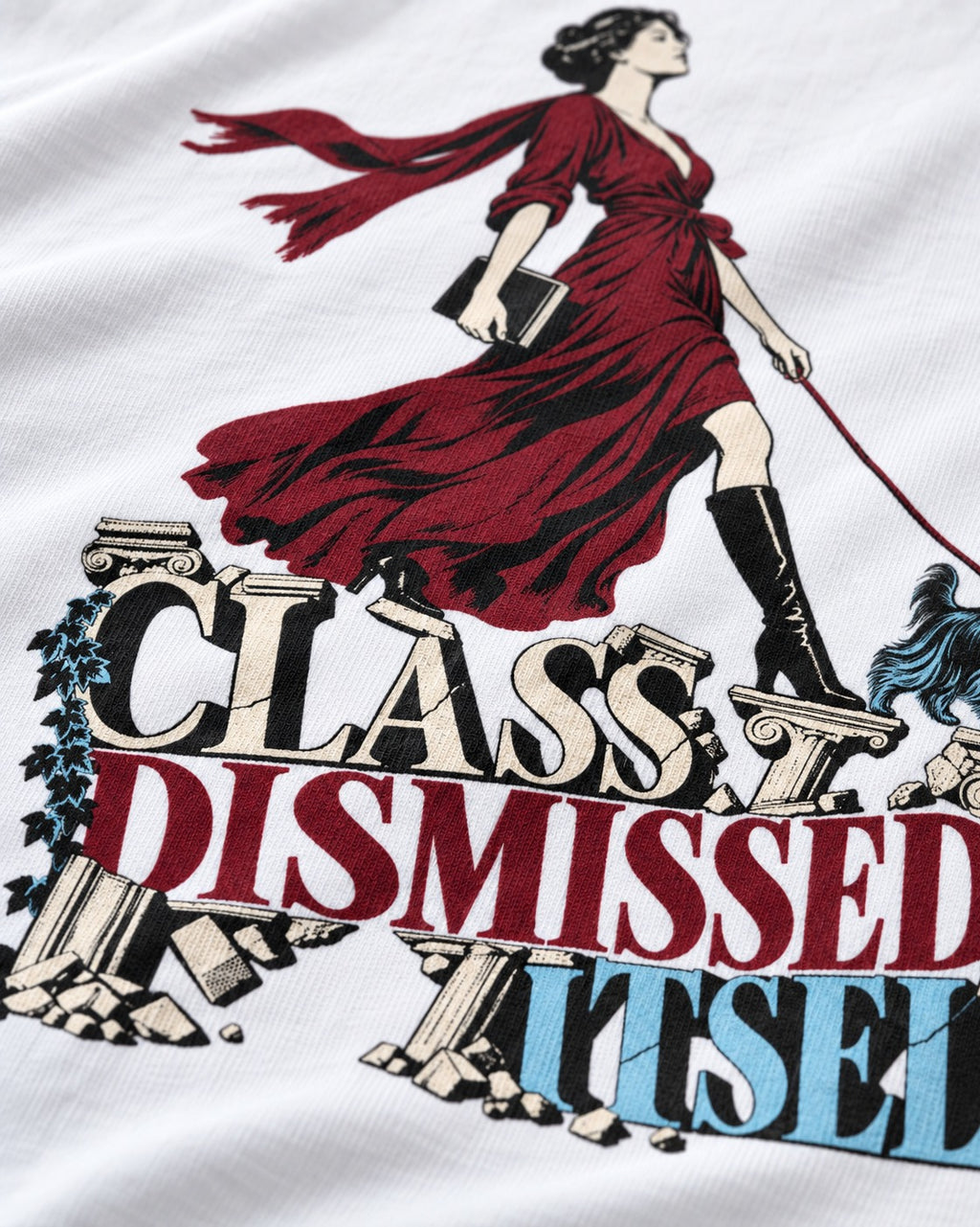 Class Dismissed Itself Yorkshire Terrier T-Shirt in White, close-up of the graphic