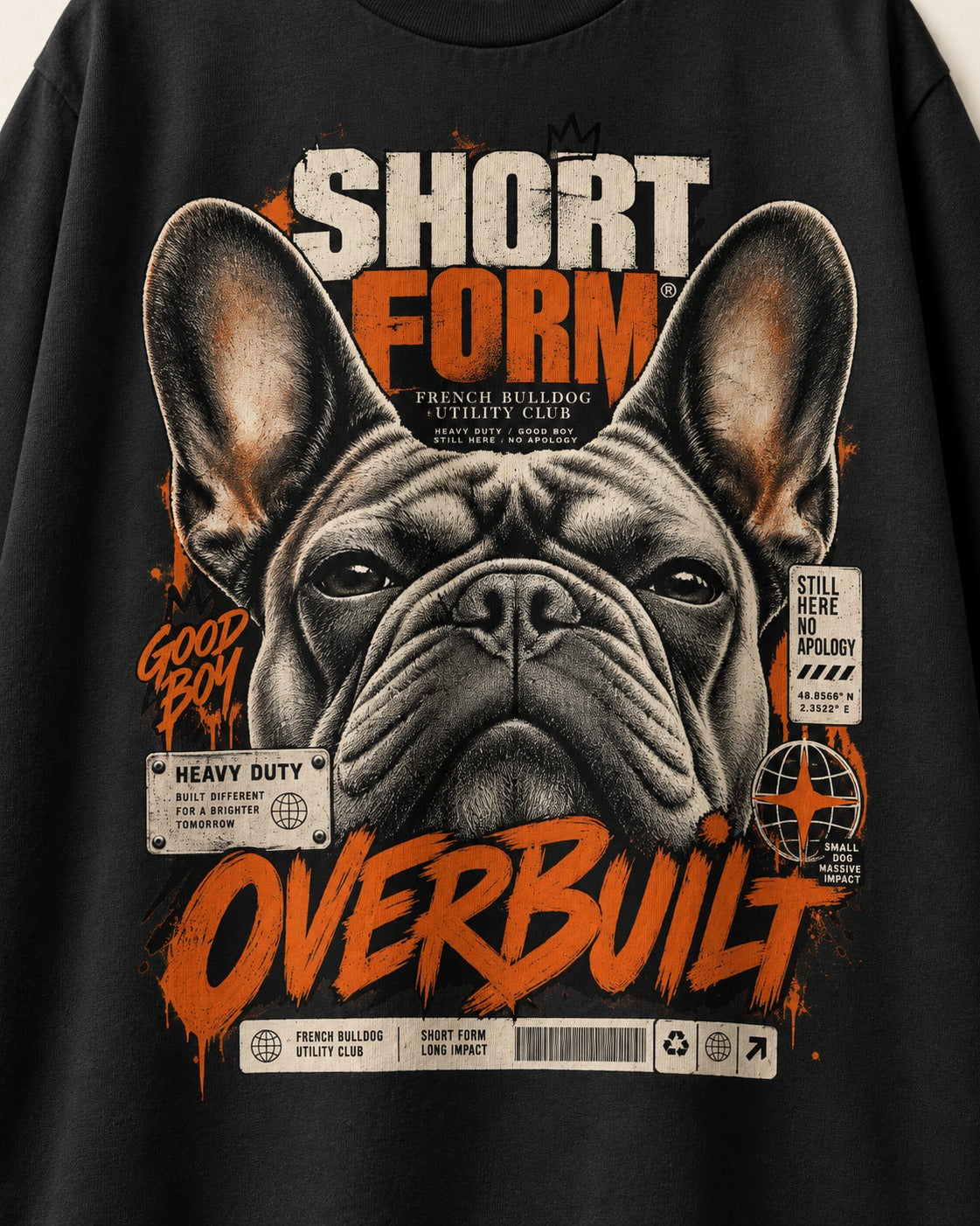 Frenchie Short Form Overbuilt Utility Club Poster Graphic T-Shirt in Black, close-up of the graphic