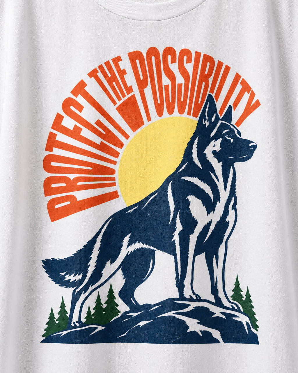 German Shepherd Dog Protect the Possibility T-Shirt in White, close-up of the graphic