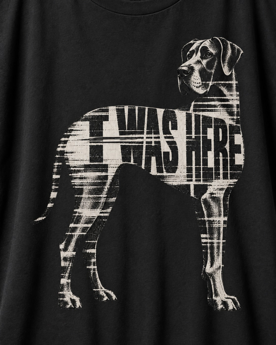 Great Dane I Was Here Plaid Silhouette Graphic T-Shirt in Black, close-up of the graphic