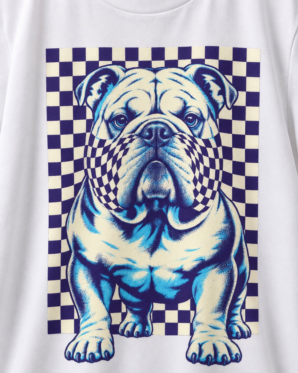 English Bulldog Double Take T-Shirt in White, close-up of the graphic
