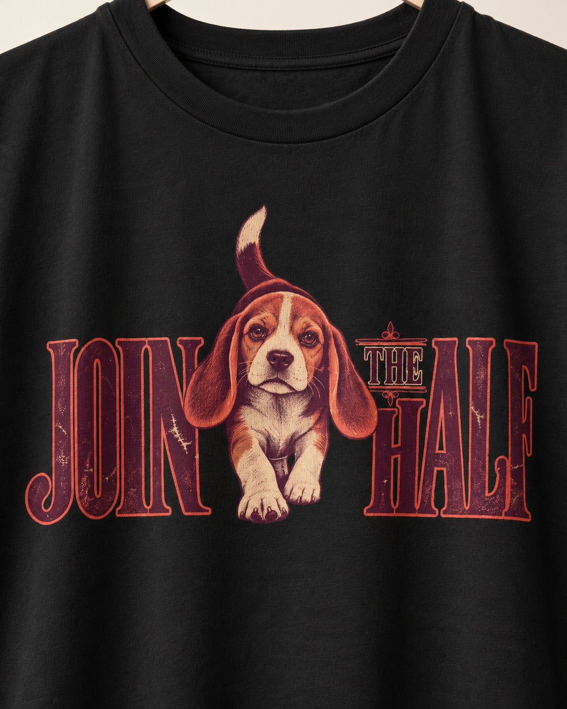 Beagle Join The Half T-Shirt in Black, close-up of the graphic