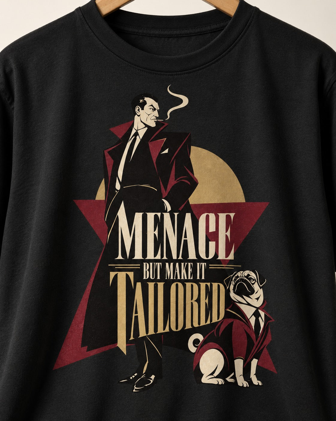 Pug Menace But Make It Tailored Graphic T-Shirt in Black, close-up of the graphic