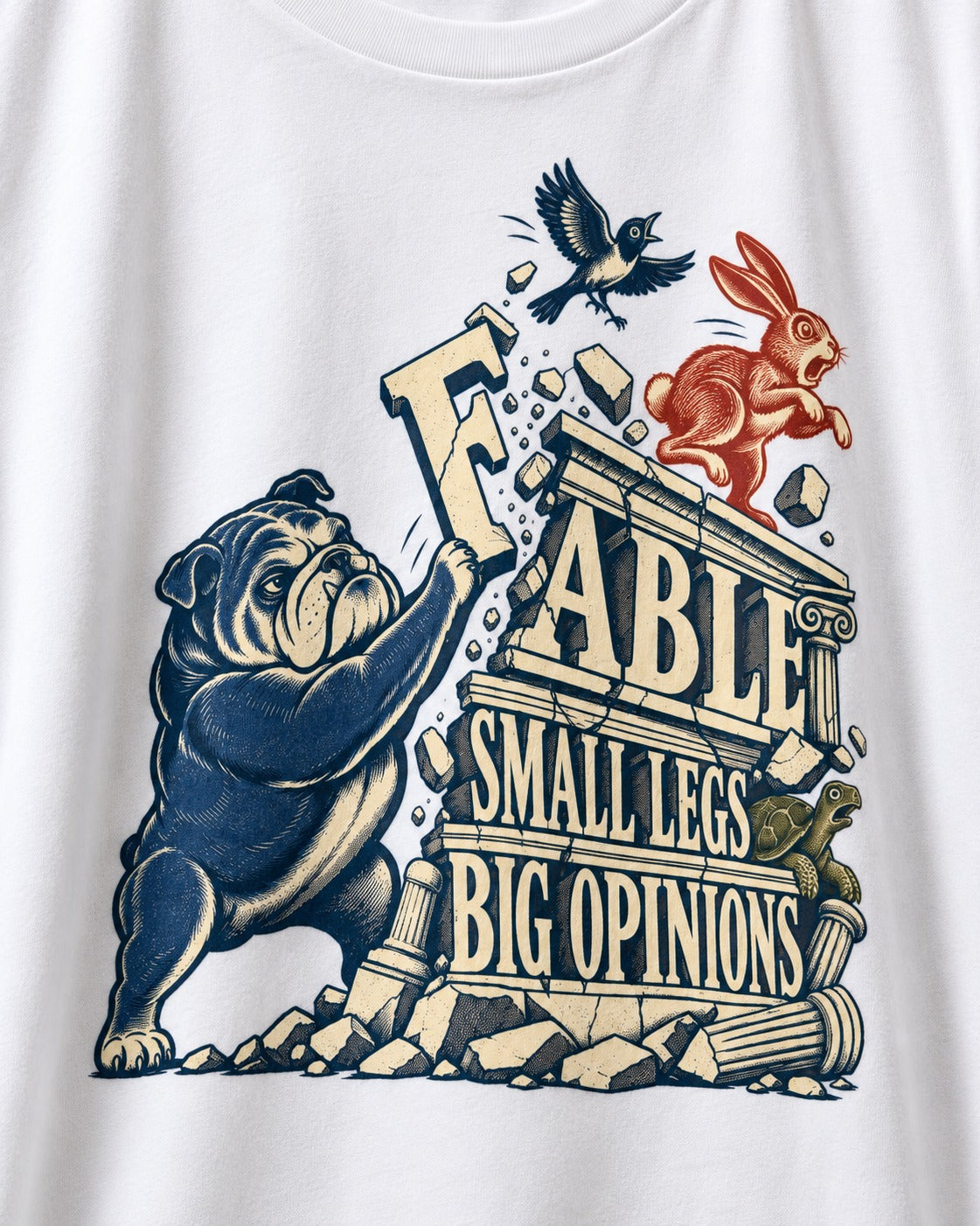 Small Legs Big Opinions English Bulldog T-Shirt in White, close-up of the graphic