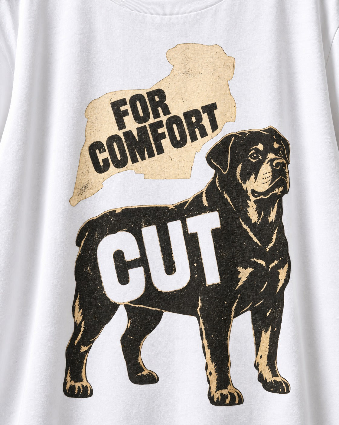 Rottweiler Cut for Comfort T-Shirt in White, close-up of the graphic