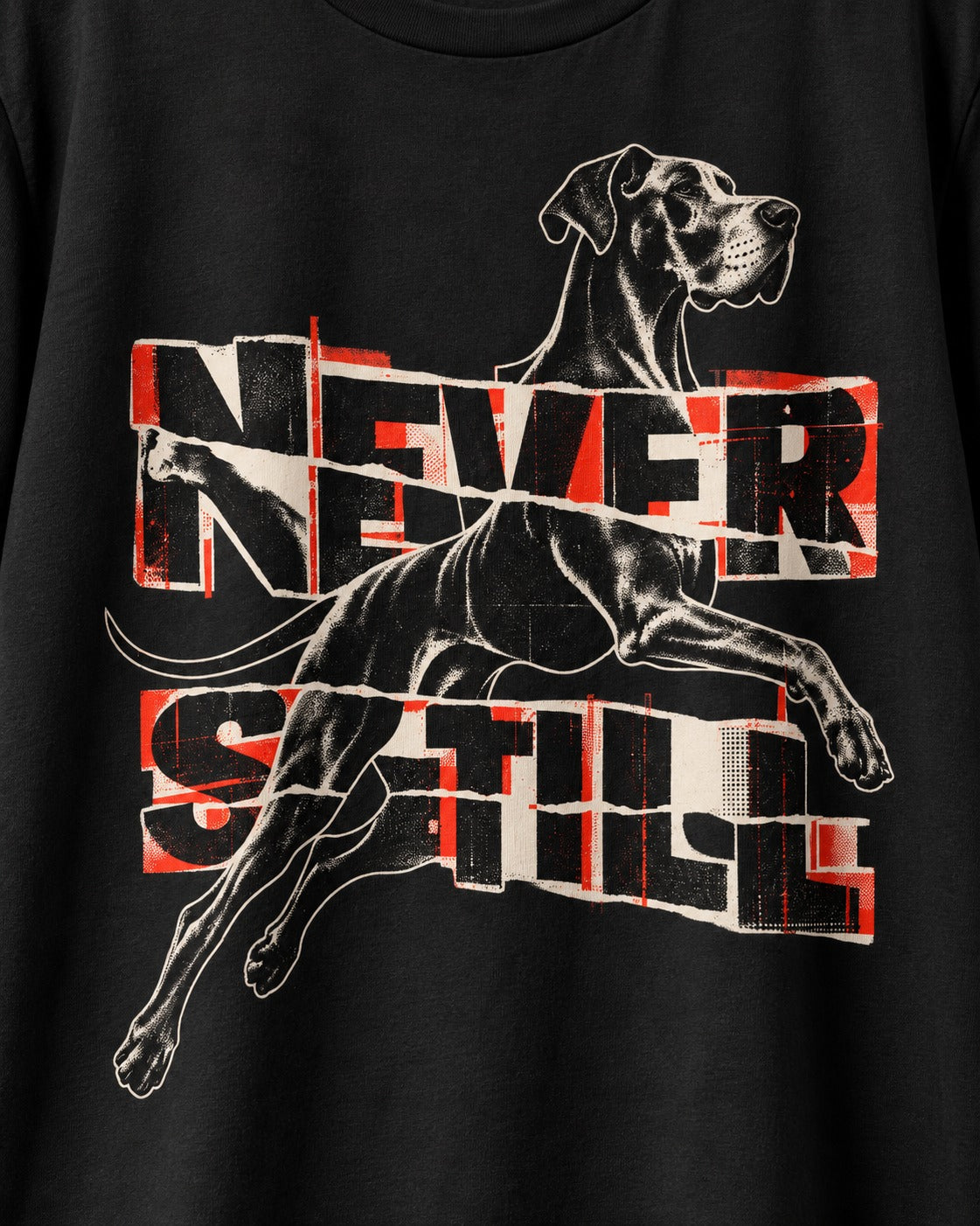 Great Dane Never Still Leaping Collage Graphic T-Shirt in Black, close-up of the graphic