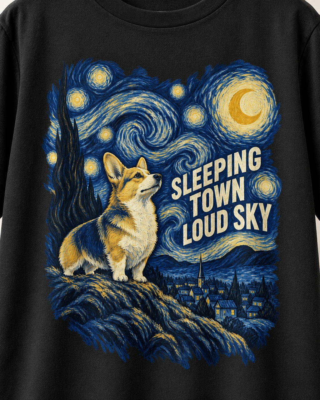 Corgi Sleeping Town Loud Sky Starry Night T-Shirt in Black, close-up of the graphic