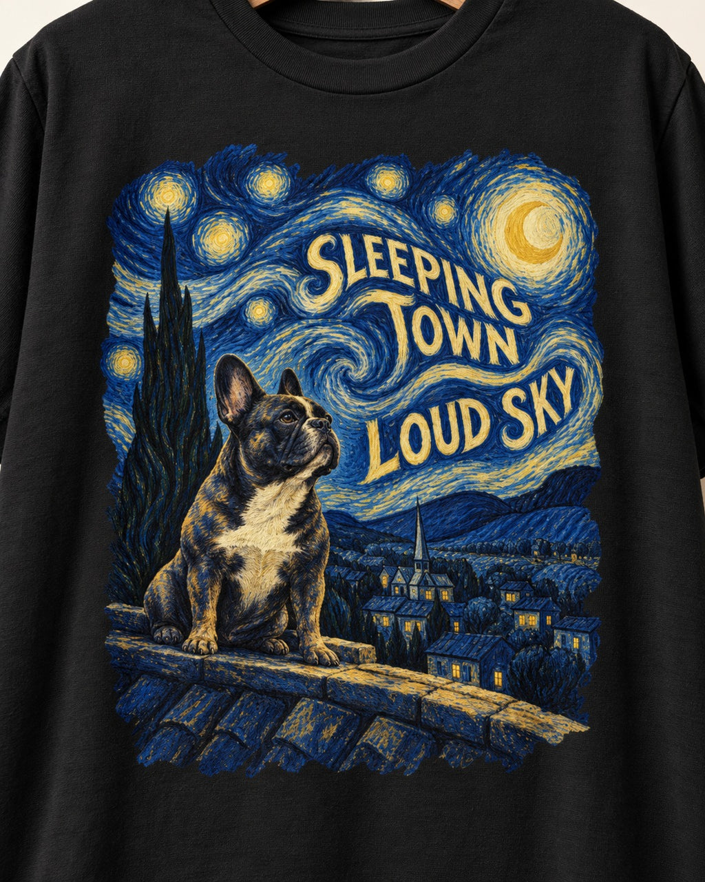 Frenchie Sleeping Town Loud Sky Rooftop Graphic T-Shirt in Black, close-up of the graphic