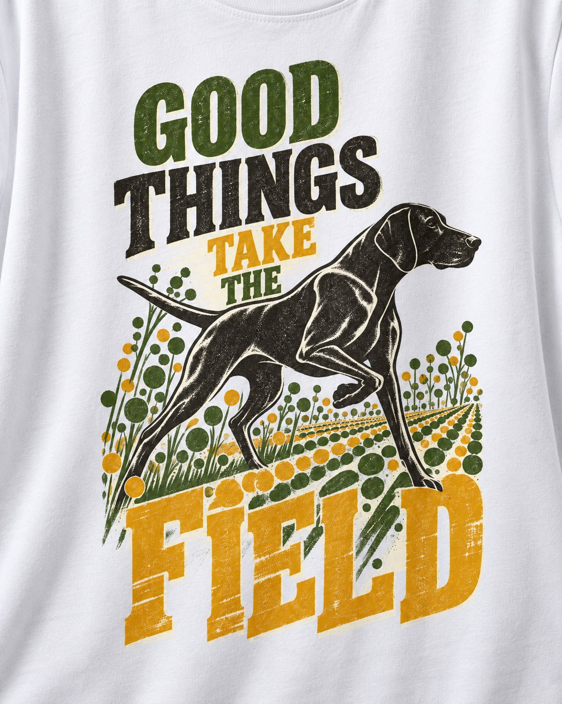 German Shorthaired Pointer Takes the Field T-Shirt in White, close-up of the graphic