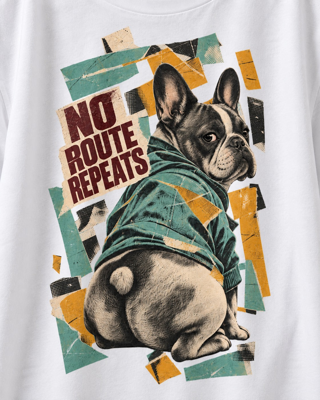 No Route Repeats Frenchie T-Shirt in White, close-up of the graphic