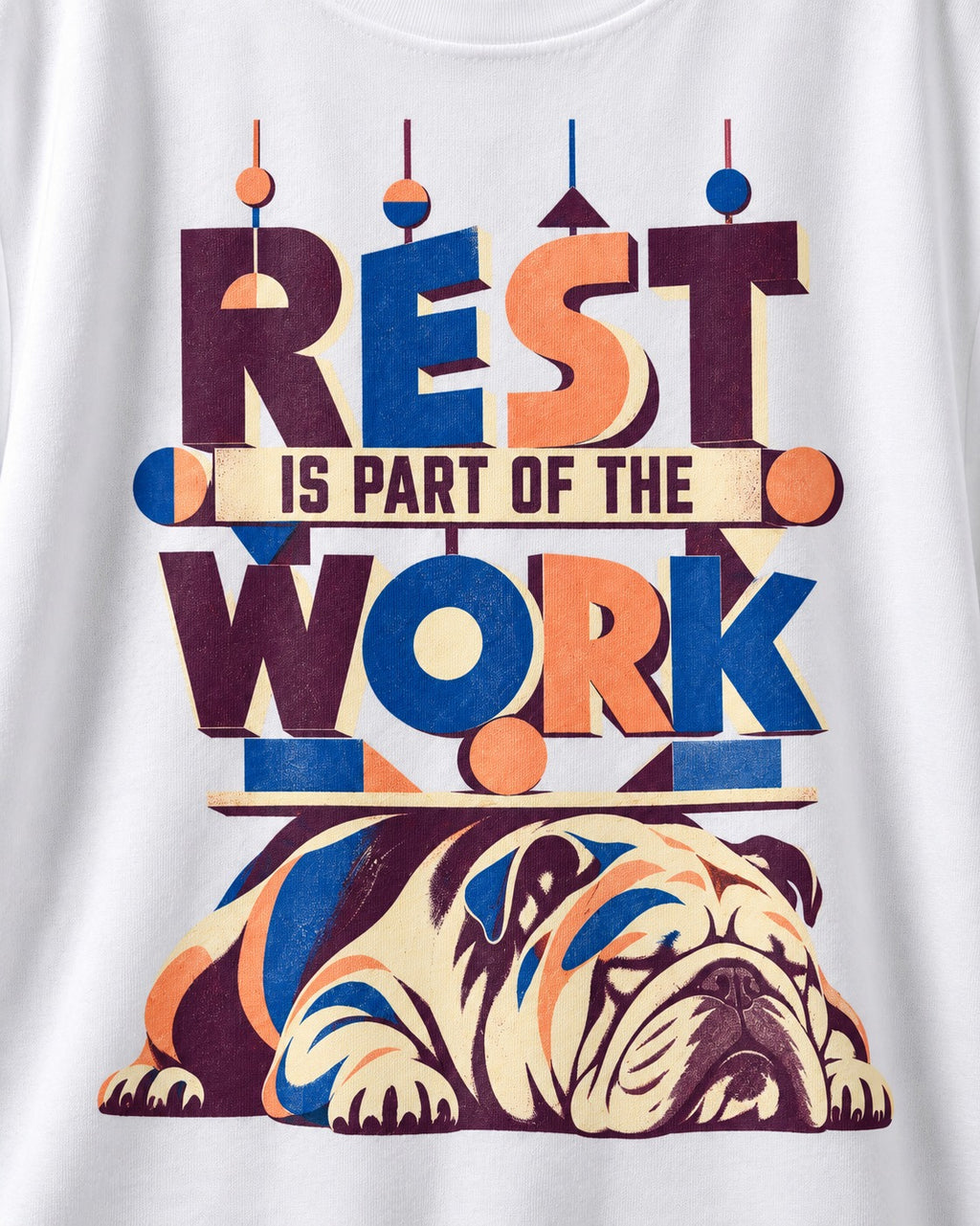 Rest Is Work English Bulldog T-Shirt in White, close-up of the graphic