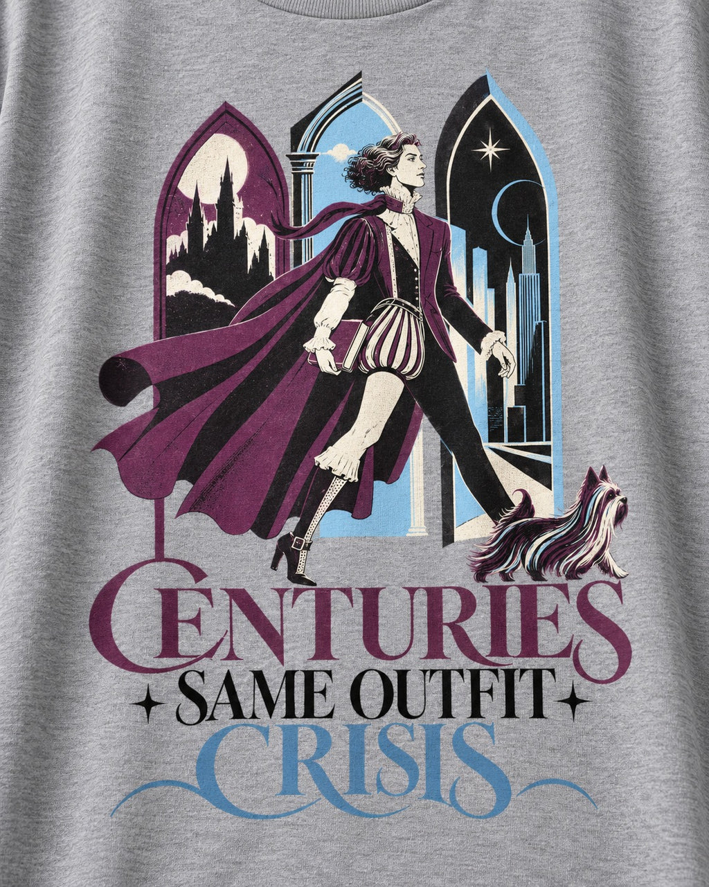 Yorkshire Terrier Centuries Same Outfit Crisis Gothic Graphic T-Shirt in Sport Grey, close-up of the graphic