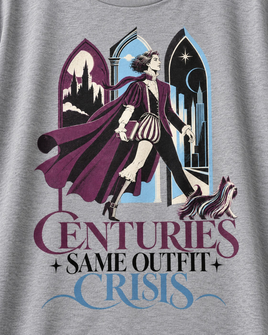 Yorkshire Terrier Centuries Same Outfit Crisis Gothic Graphic T-Shirt in Sport Grey, close-up of the graphic