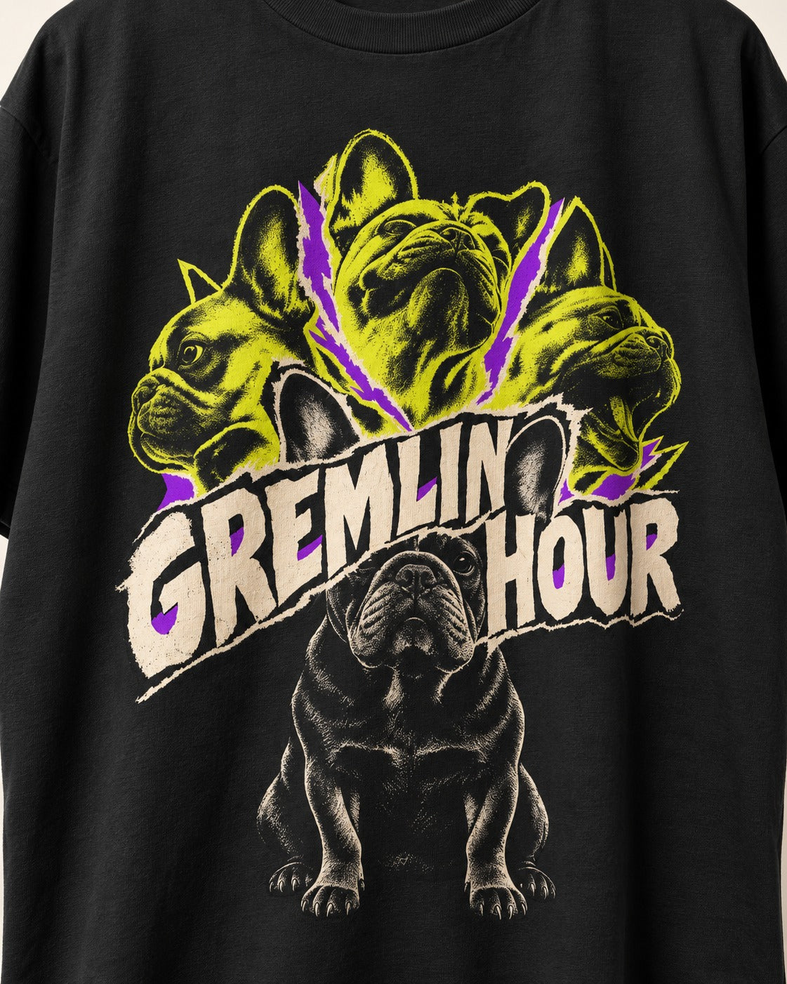 Frenchie Gremlin Hour Multi Portrait Graphic T-Shirt in Black, close-up of the graphic
