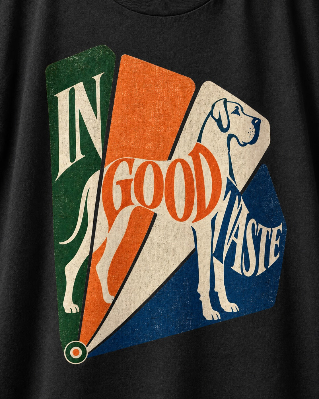 Great Dane In Good Taste Color Fan Graphic T-Shirt in Black, close-up of the graphic
