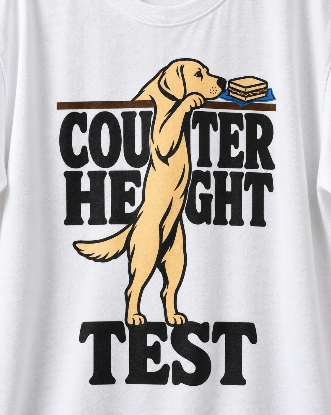 Labrador Retriever Counter Height Test T-Shirt in White, close-up of the graphic