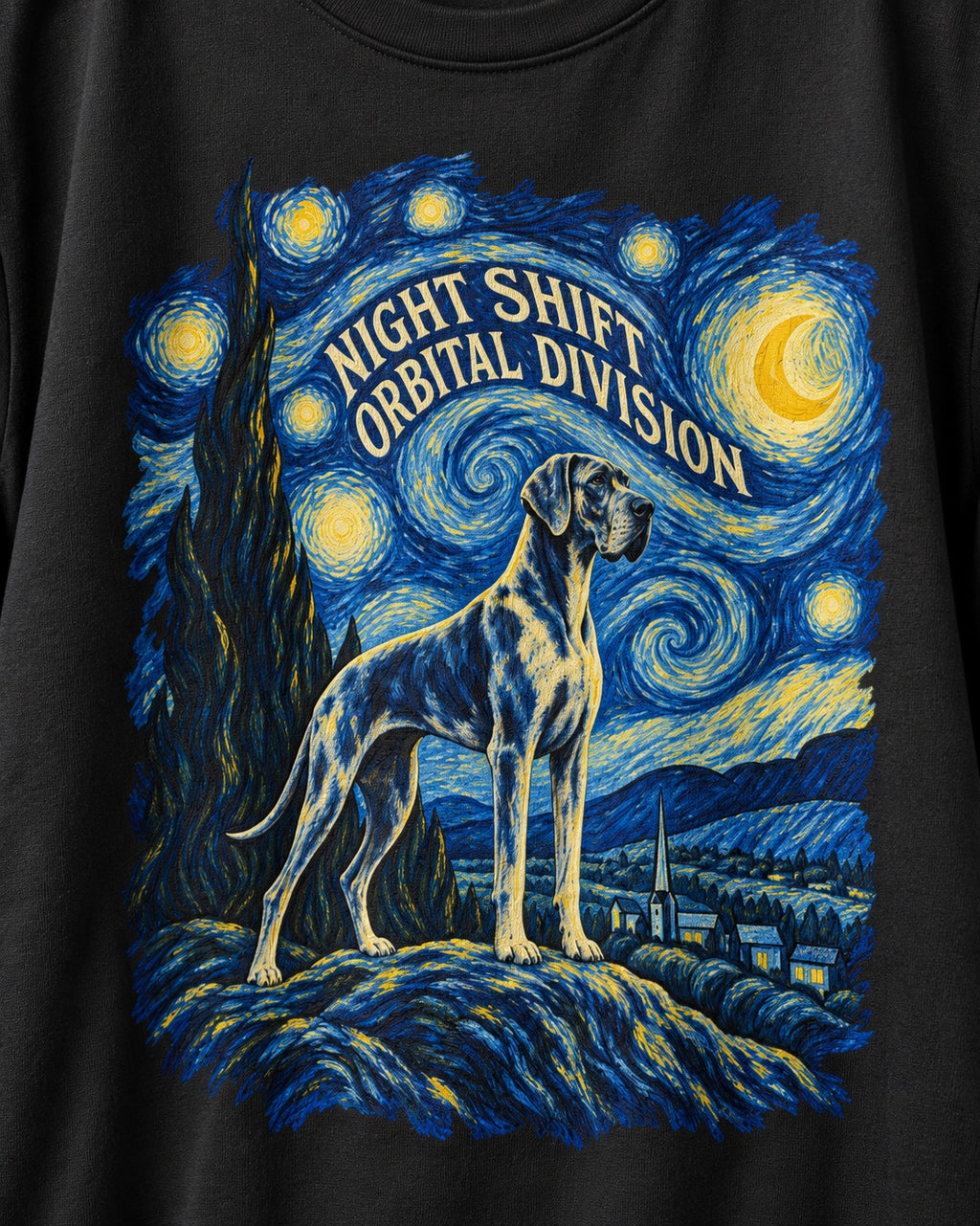 Great Dane Night Shift Orbital Division Starry Sky Graphic T-Shirt in Black, close-up of the graphic