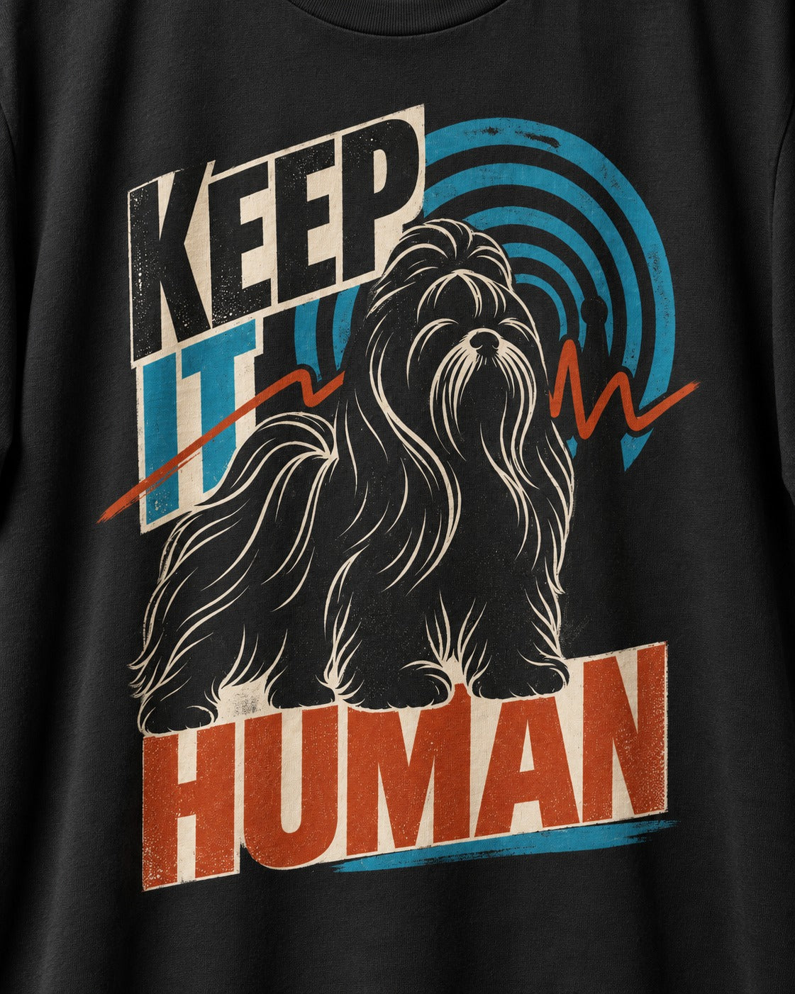Shih Tzu Keep It Human Radio Signal Graphic T-Shirt in Black, close-up of the graphic