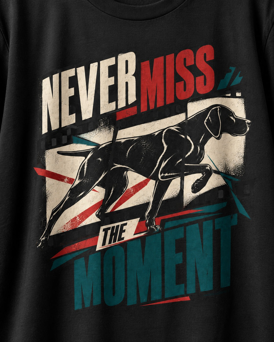 German Shorthaired Pointer Never Miss the Moment Filmstrip Graphic T-Shirt in Black, close-up of the graphic