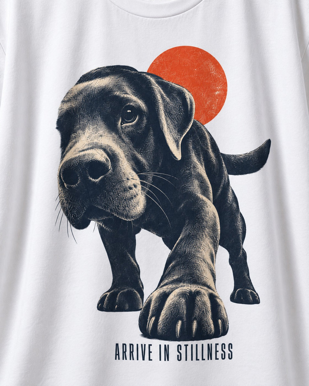 Labrador Retriever Arrive in Stillness T-Shirt in White, close-up of the graphic