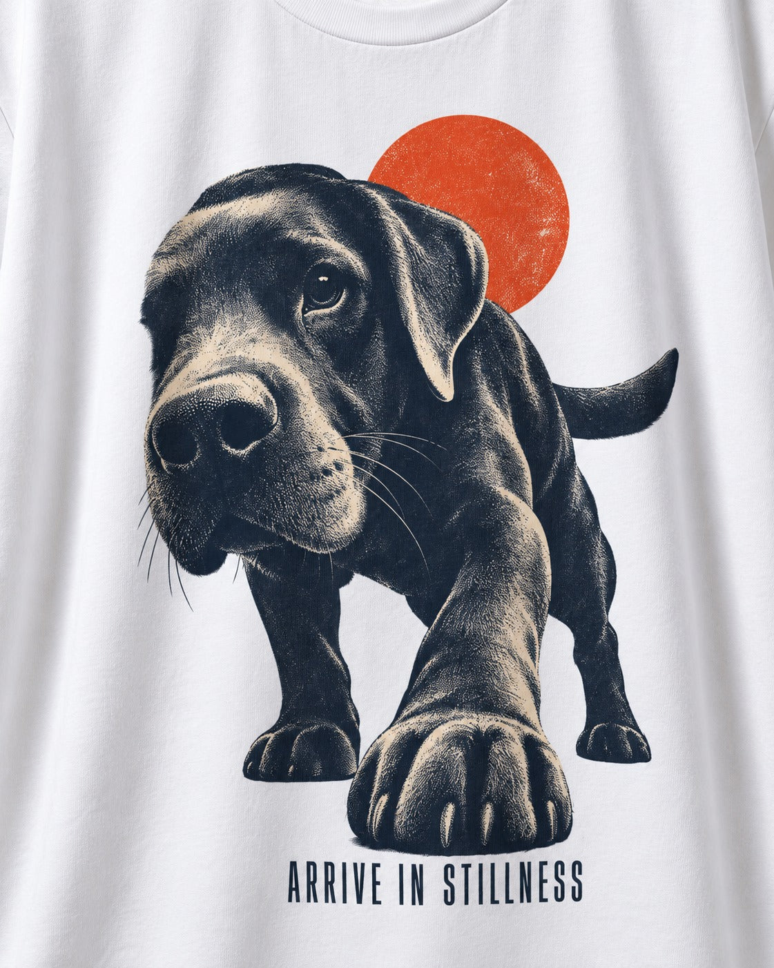 Labrador Retriever Arrive in Stillness T-Shirt in White, close-up of the graphic