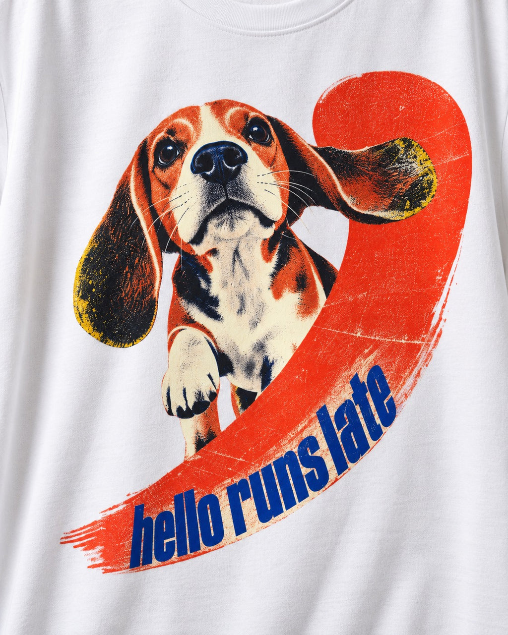 Beagle Hello Runs Late T-Shirt in White, close-up of the graphic