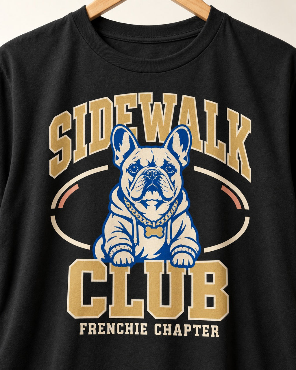 Frenchie Sidewalk Club Chapter Graphic T-Shirt in Black, close-up of the graphic