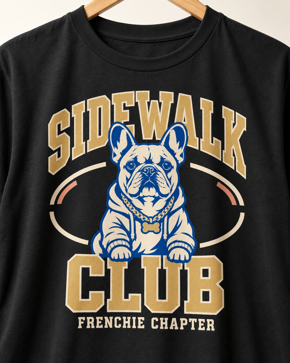 Frenchie Sidewalk Club Chapter Graphic T-Shirt in Black, close-up of the graphic