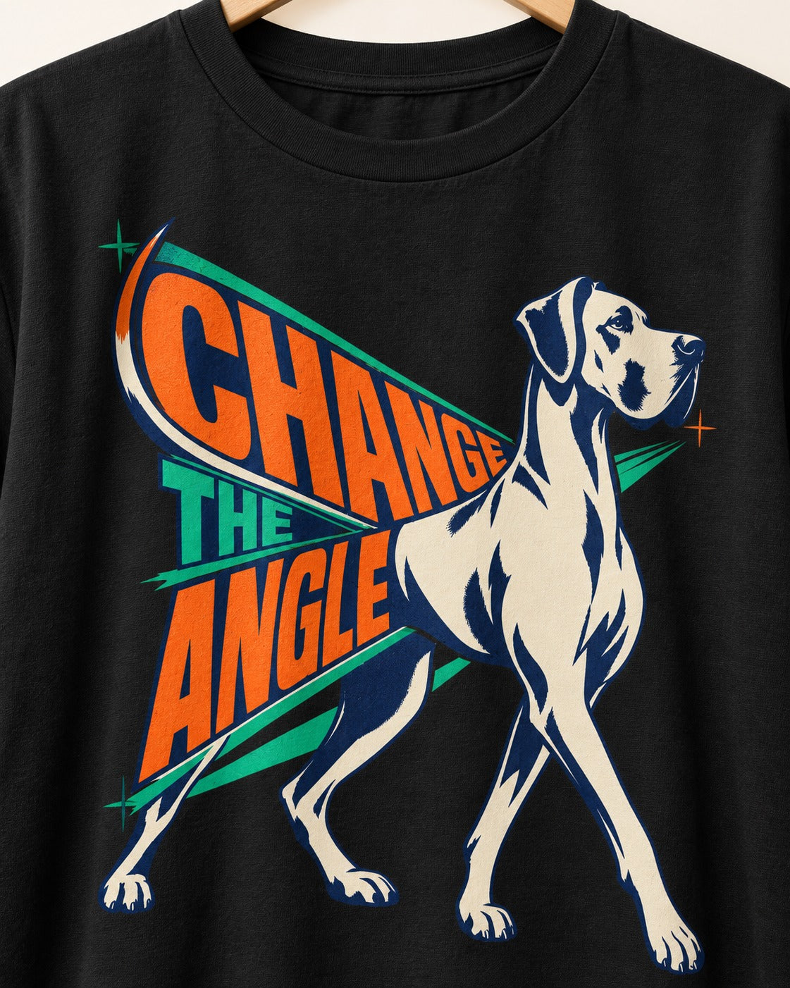 Great Dane Change the Angle Walking Graphic T-Shirt in Black, close-up of the graphic