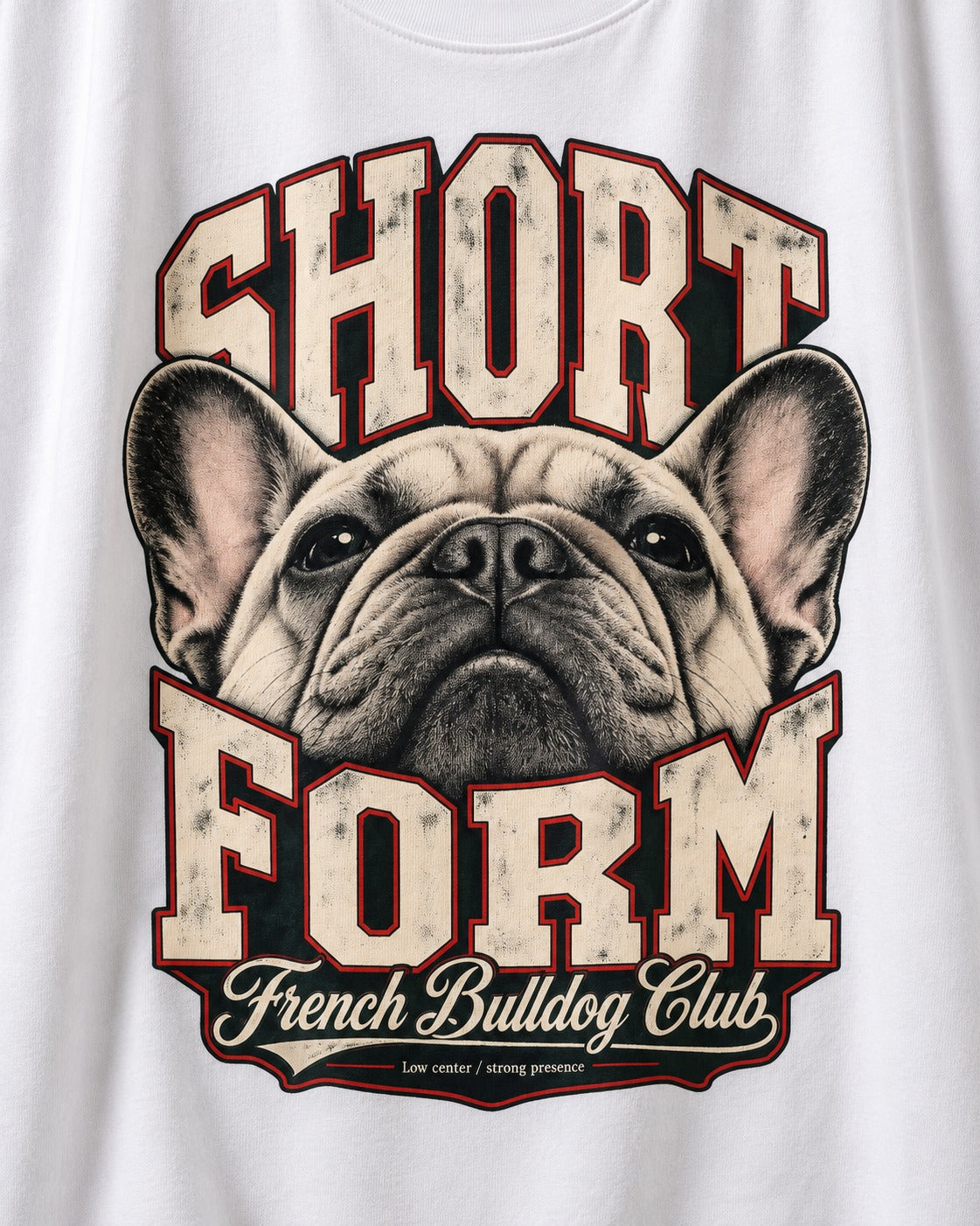 Short Form Frenchie T-Shirt in White, close-up of the graphic
