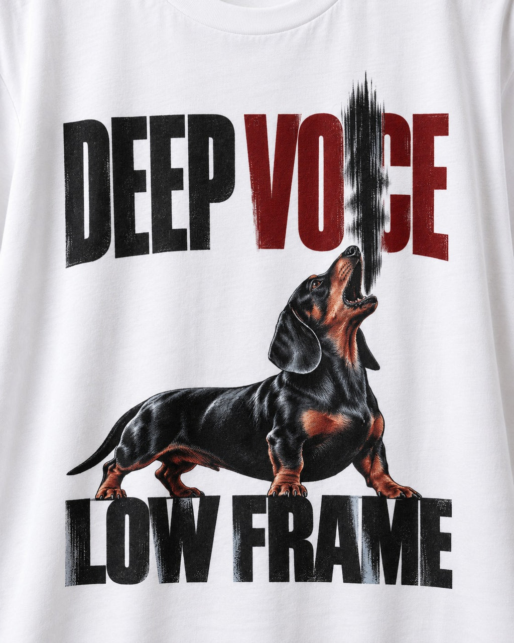 Deep Voice Low Frame Dachshund T-Shirt in White, close-up of the graphic