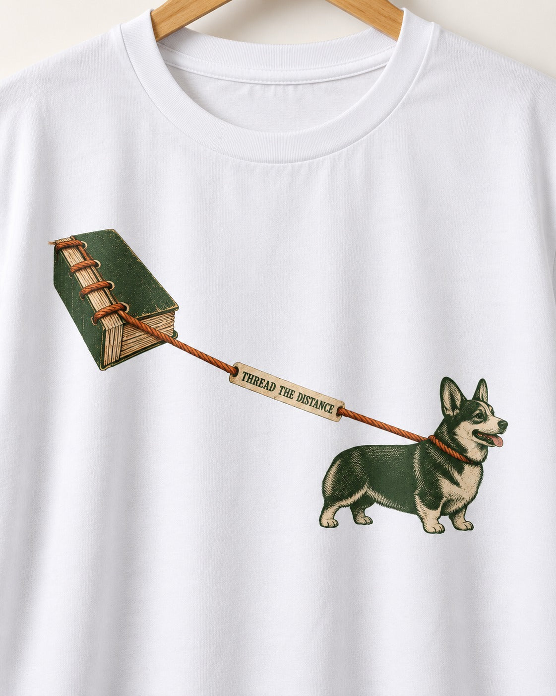 Thread the Distance with Corgi T-Shirt in White, close-up of the graphic