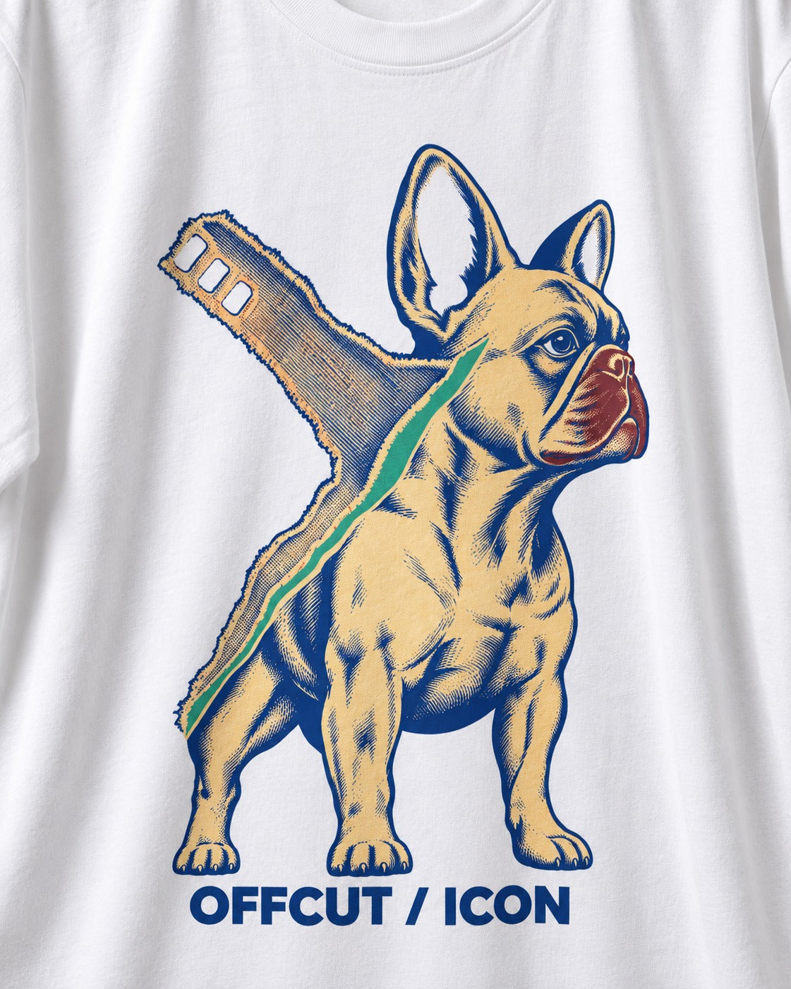 Offcut Frenchie Icon T-Shirt in White, close-up of the graphic
