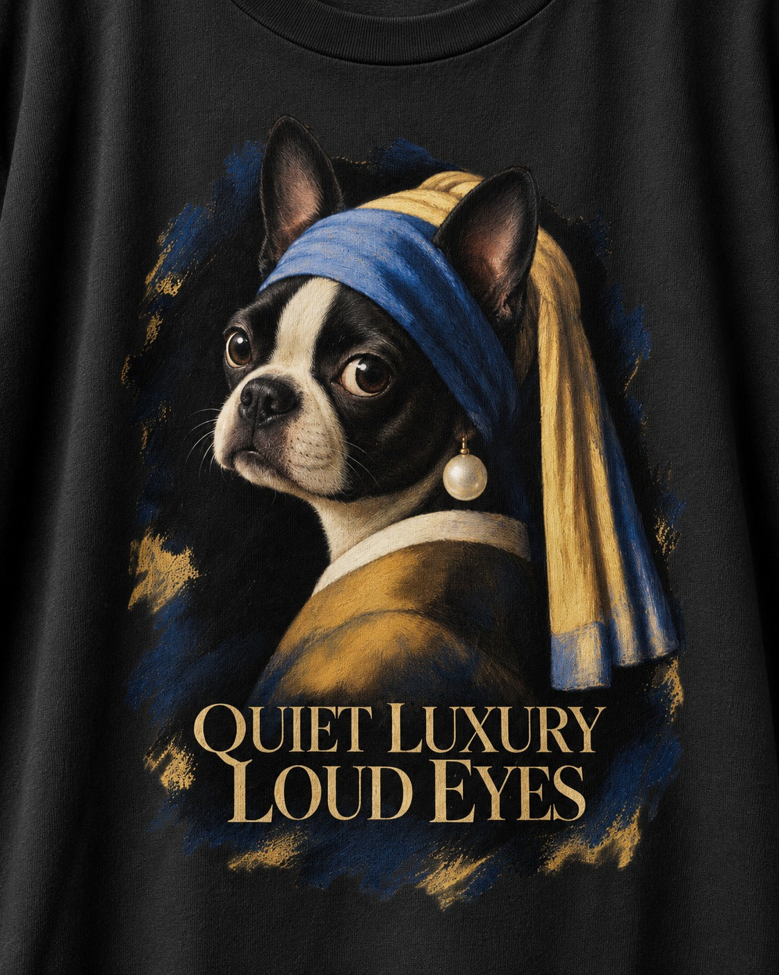 Quiet Luxury Loud Eyes Boston Terrier Pearl Portrait T-Shirt in Black, close-up of the graphic