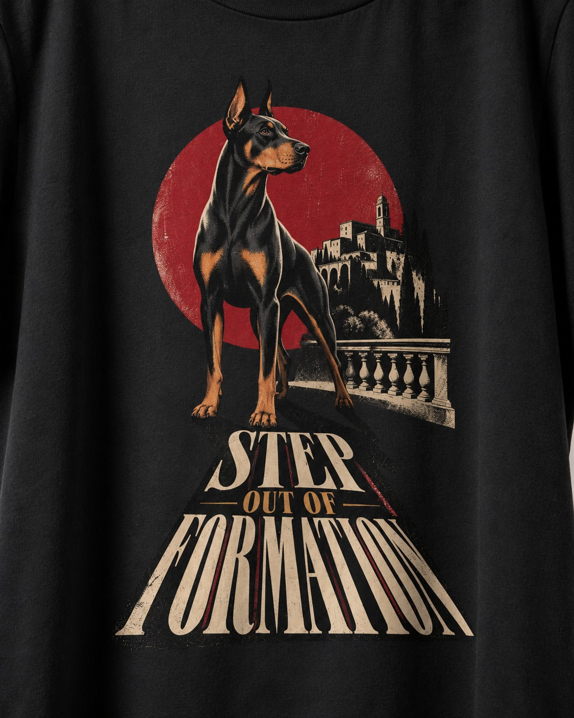 Doberman Step Out of Formation Road Vista Graphic T-Shirt in Black, close-up of the graphic