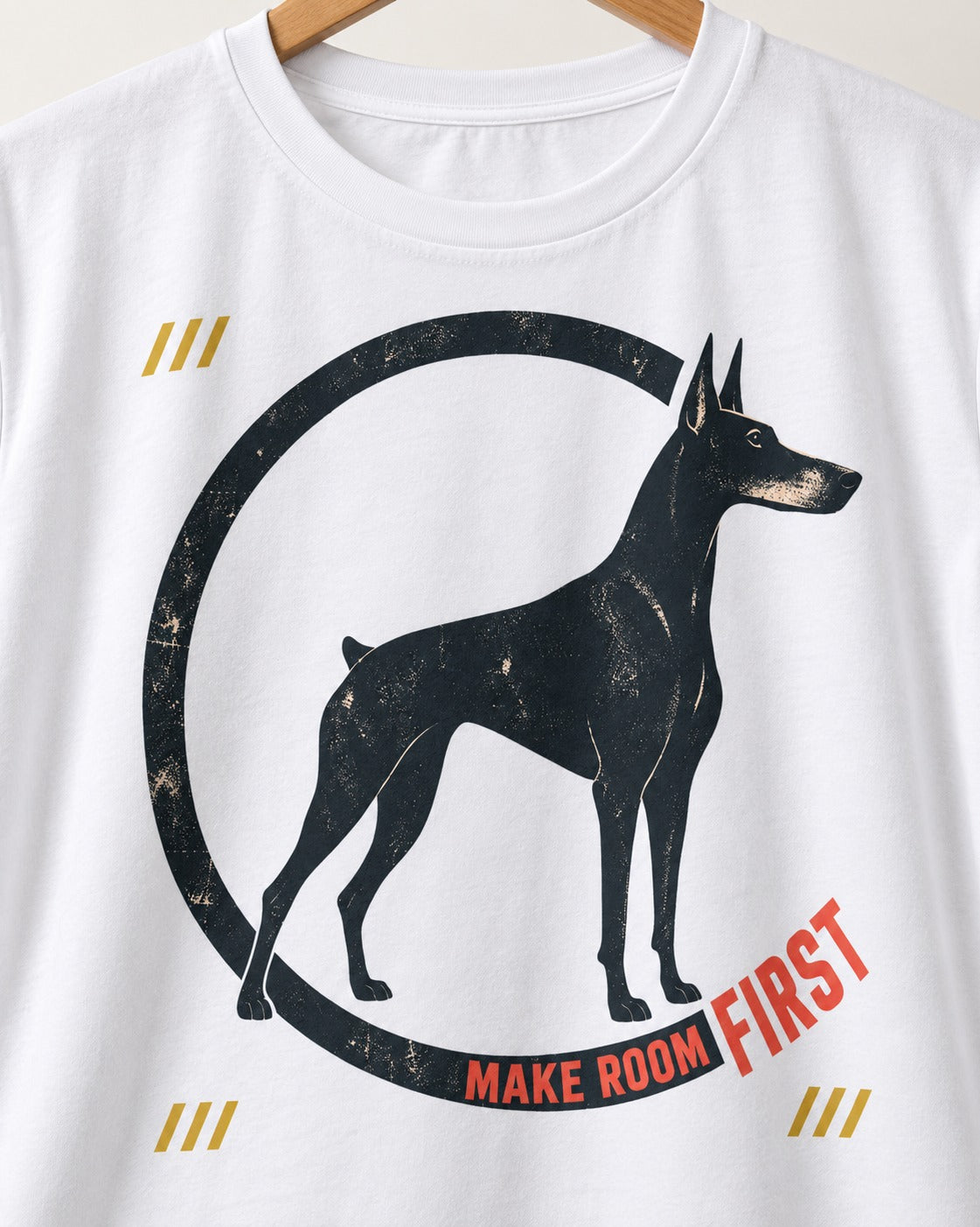Make Room First Doberman T-Shirt in White, close-up of the graphic