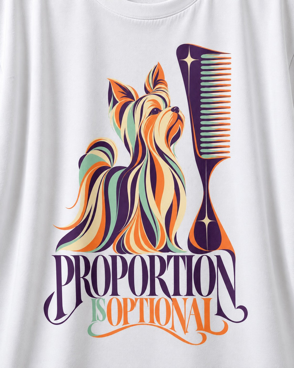Yorkshire Terrier Proportion Is Optional T-Shirt in White, close-up of the graphic