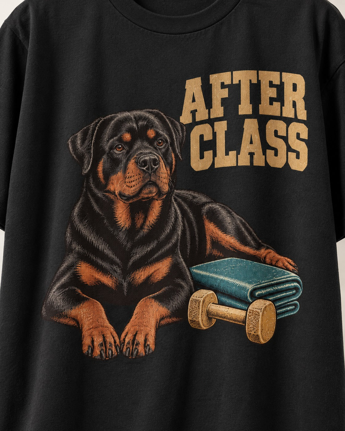 Rottweiler After Class Books and Dumbbell Graphic T-Shirt in Black, close-up of the graphic