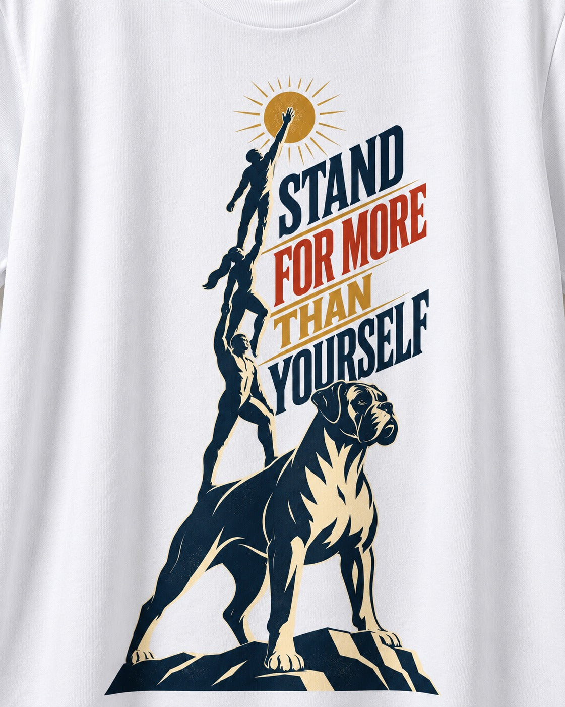 Boxer Stand for More T-Shirt in White, close-up of the graphic