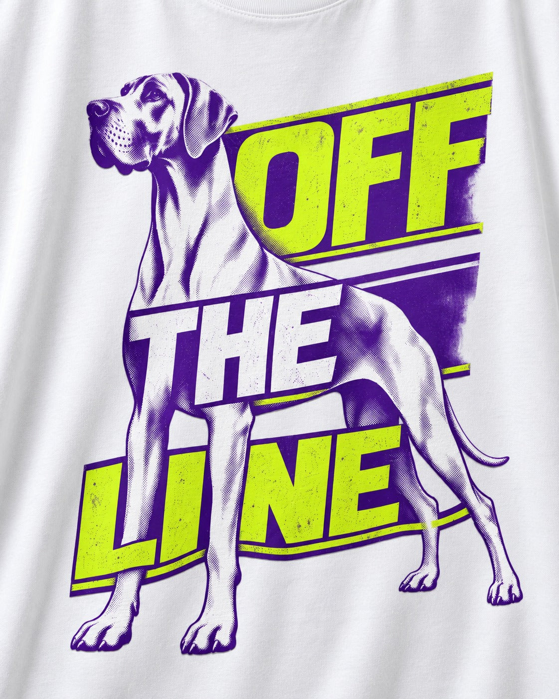 Great Dane Off the Line T-Shirt in White, close-up of the graphic