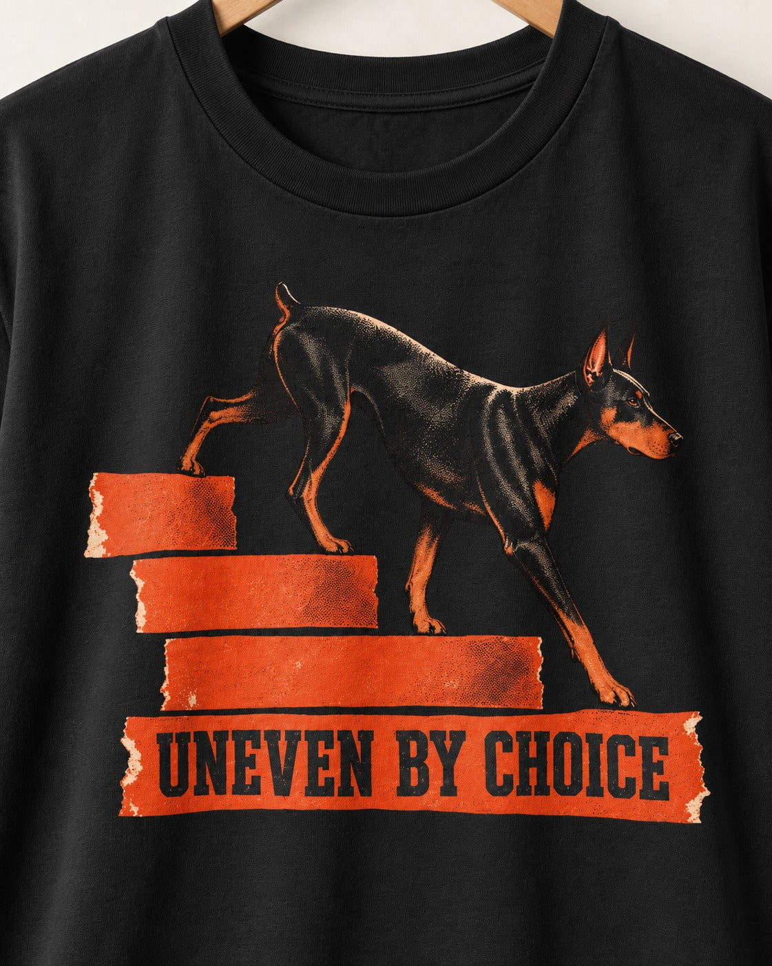 Doberman Uneven by Choice Stair Graphic T-Shirt in Black, close-up of the graphic