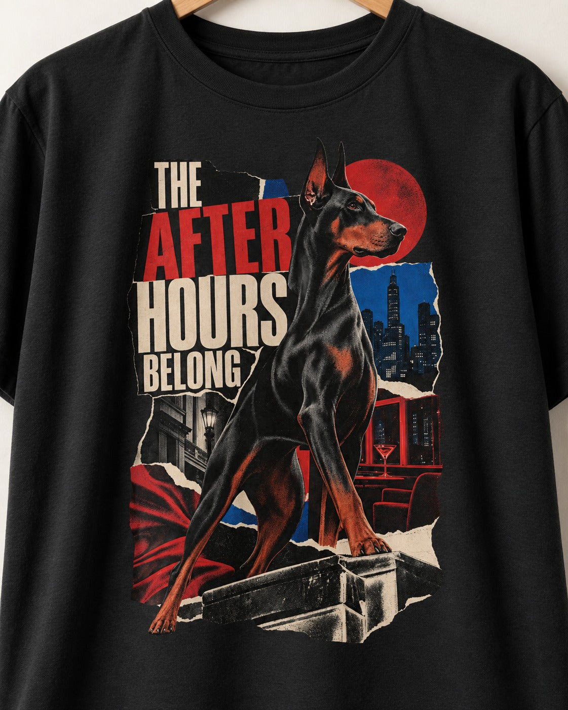 Doberman The After Hours Belong City Collage T-Shirt in Black, close-up of the graphic