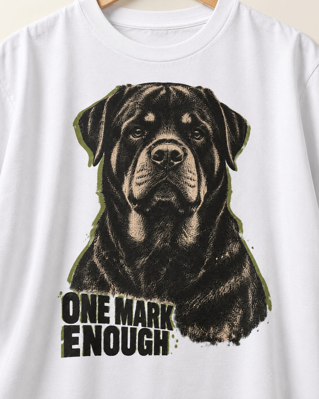 Rottweiler One Mark Enough T-Shirt in White, close-up of the graphic