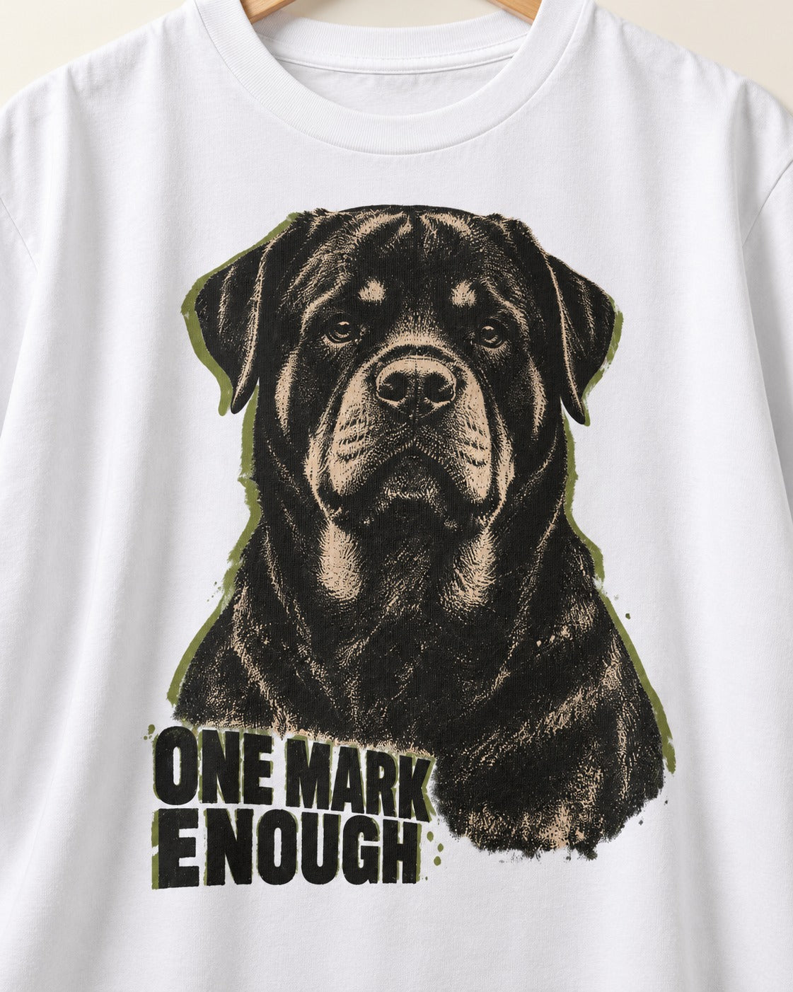 Rottweiler One Mark Enough T-Shirt in White, close-up of the graphic