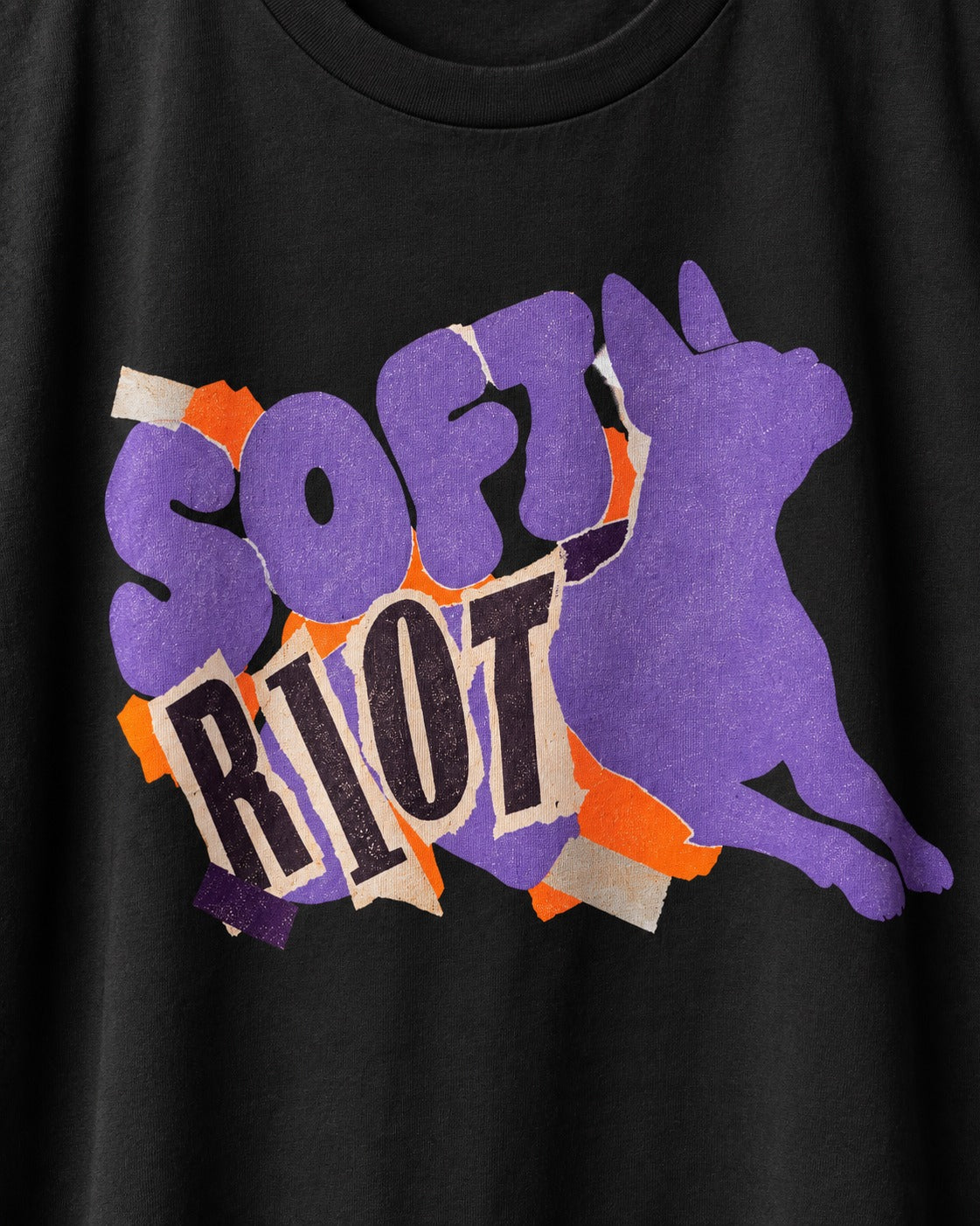 Soft Riot Boston Terrier Graphic T-Shirt in Black, close-up of the graphic