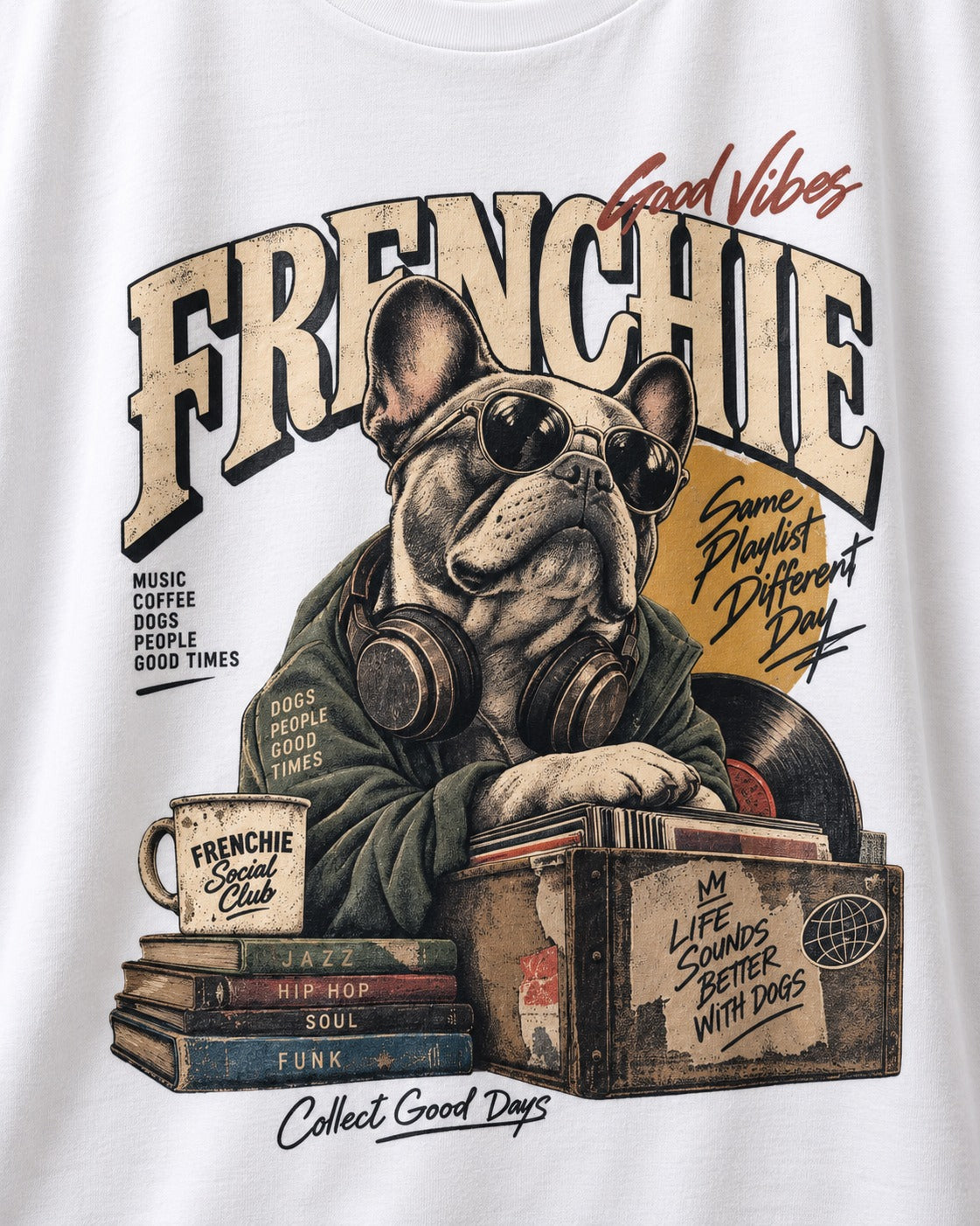 Frenchie Social Club T-Shirt in White, close-up of the graphic